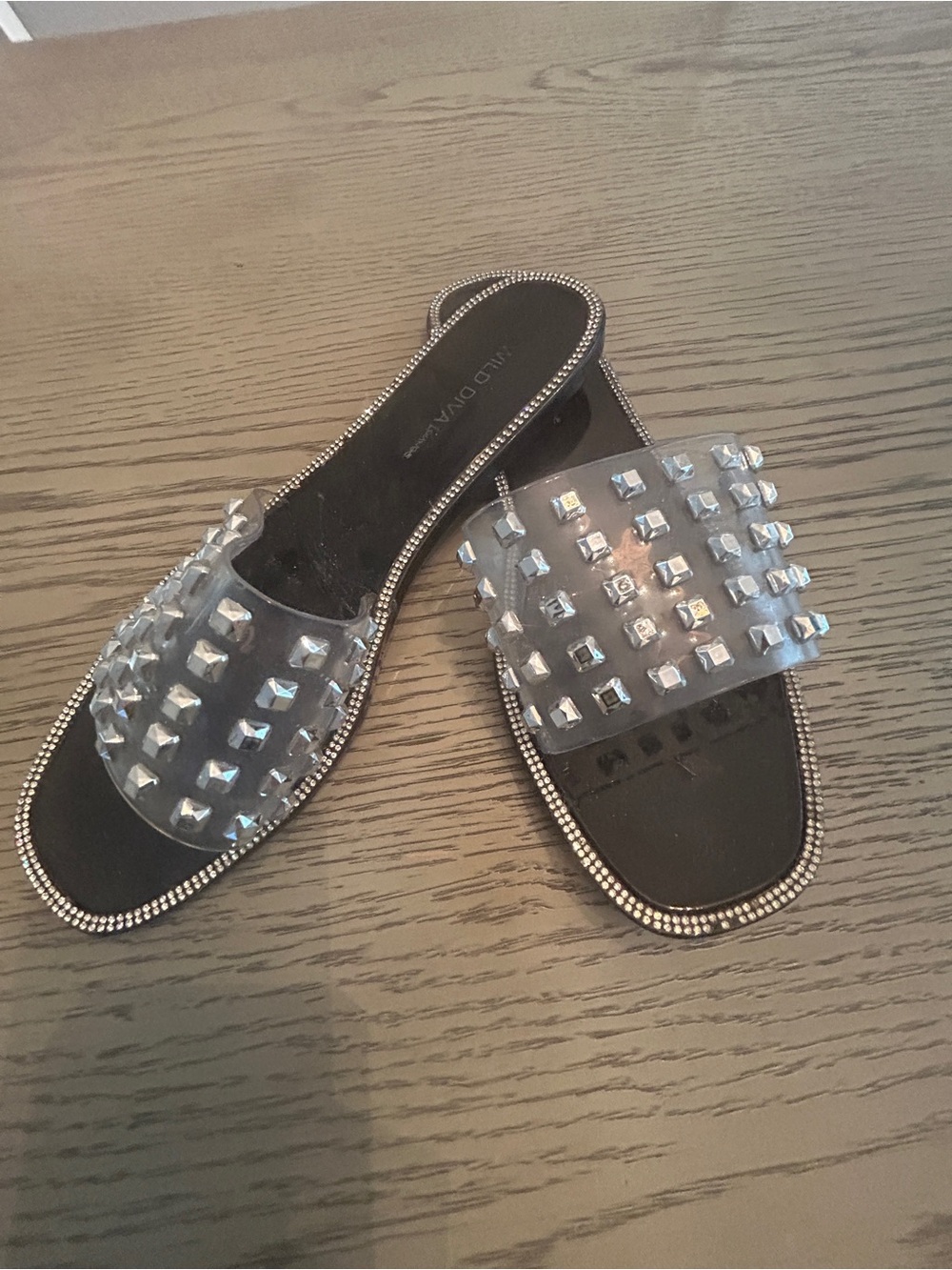 DIVA Lounge Black Slide Sandals with Clear Studded Straps
